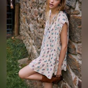 FREE PEOPLE Sundown Tiered Mini Dress Tunic Ivory Combo M Cottagecore Boho